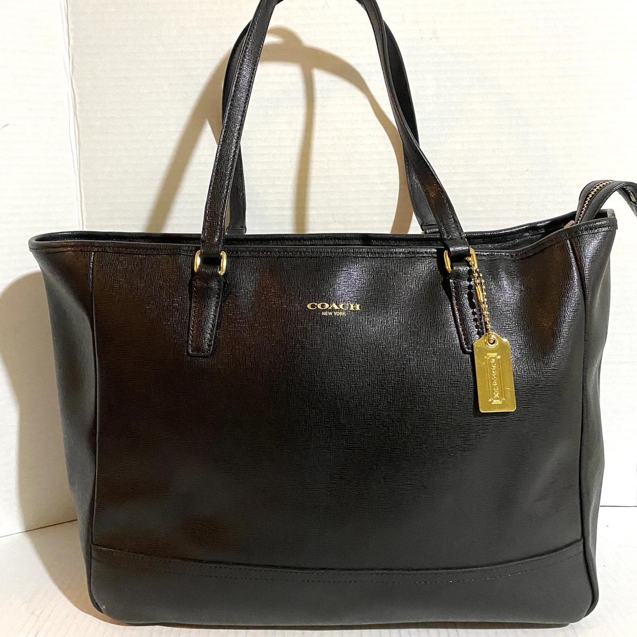 Coach black leather tote handbag with gold tone - Depop