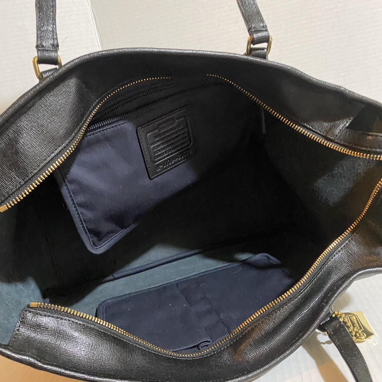 Coach black leather tote handbag with gold tone - Depop