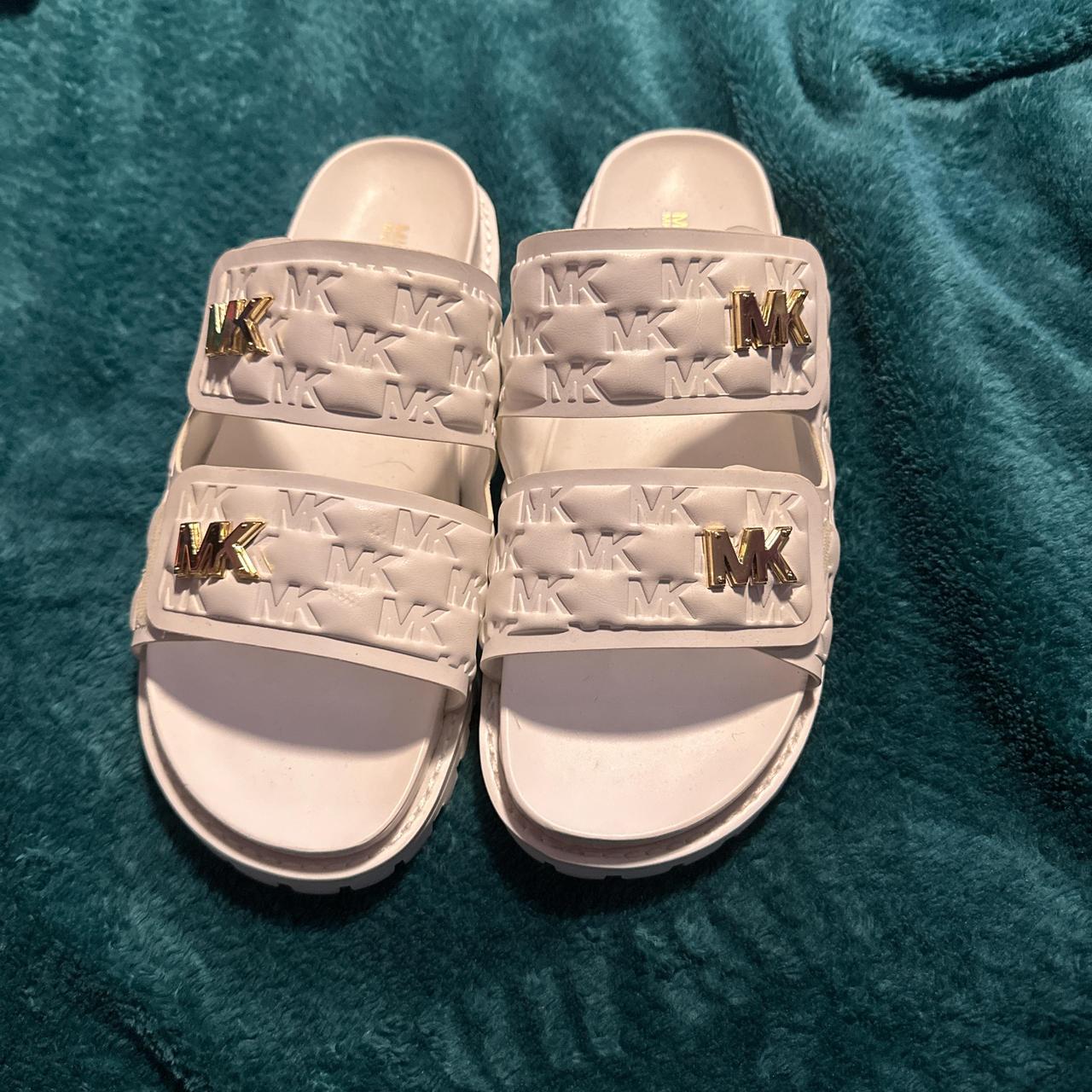 White and gold Michael Kors two strap slides sandals