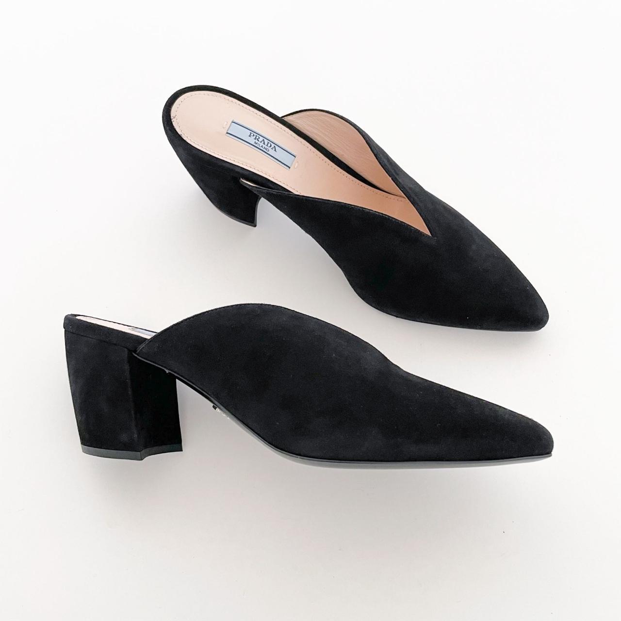 Prada Vcut block heel mules in black suede Size 39... Depop