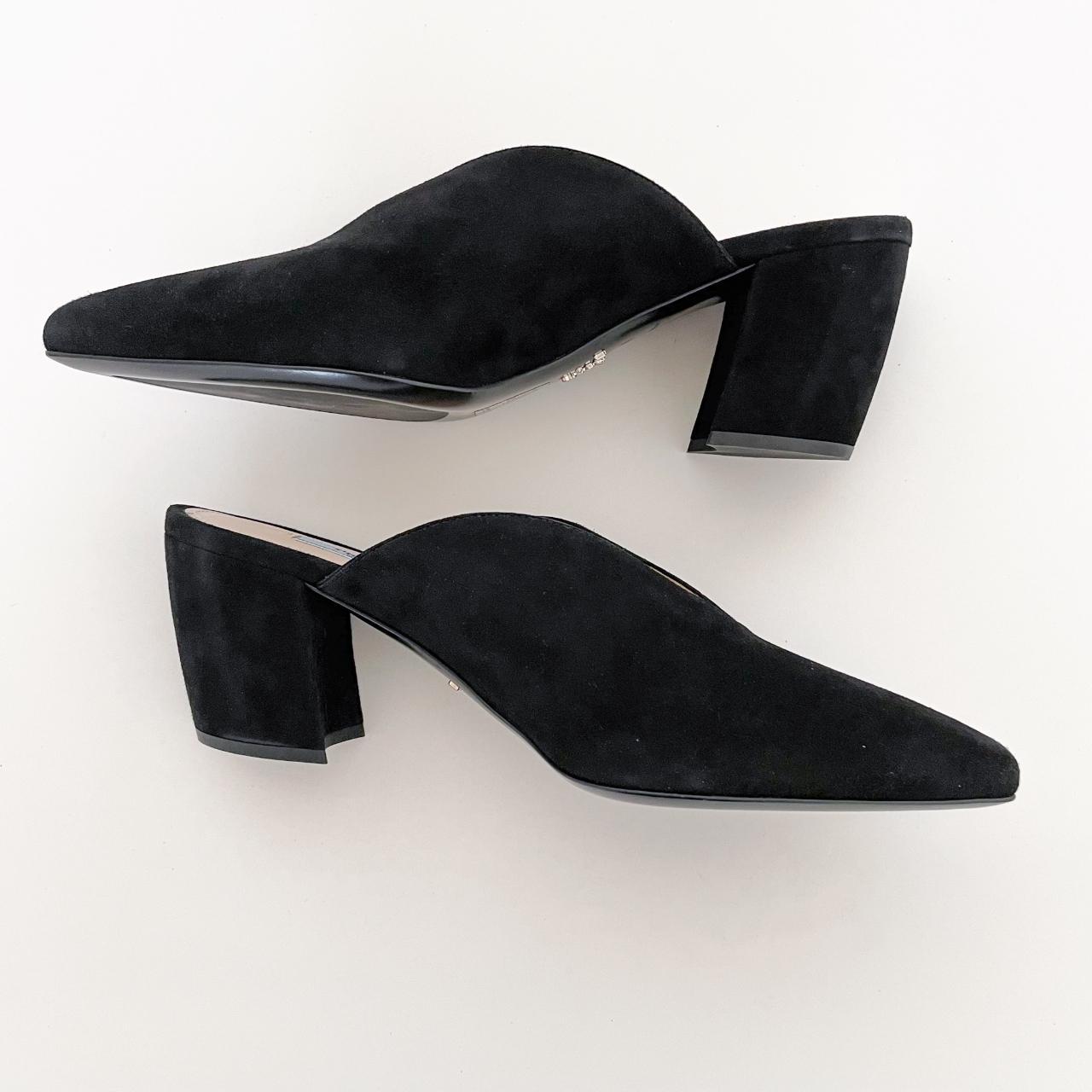Prada Vcut block heel mules in black suede Size 39... Depop