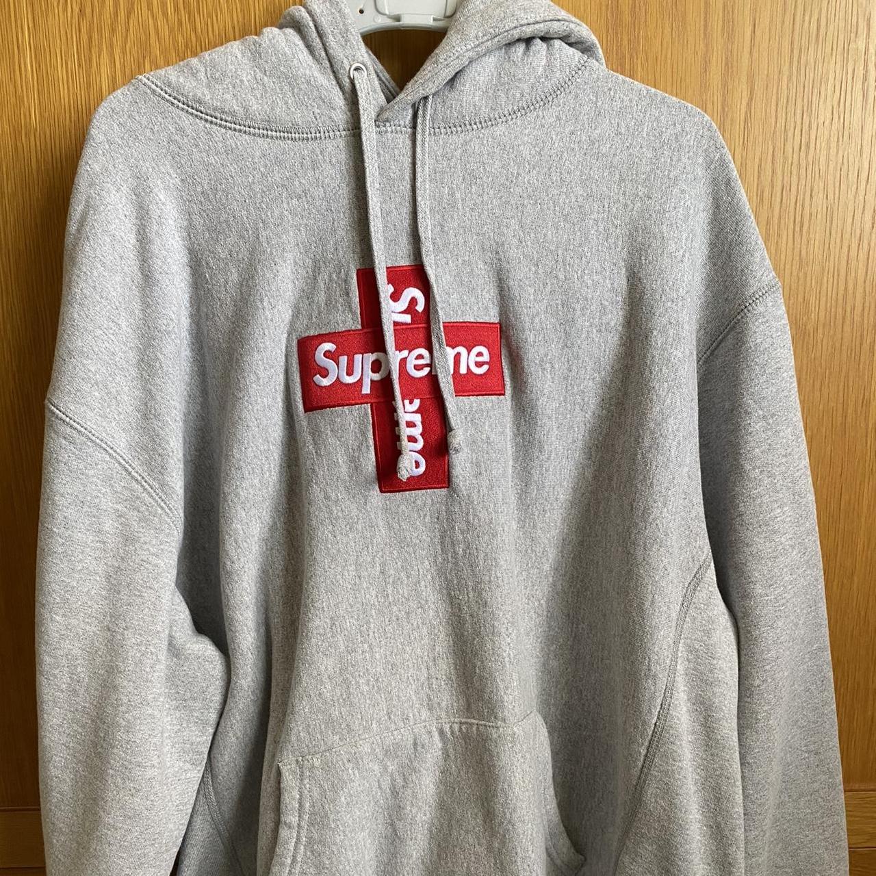 Supreme grey cross box logo hoodie size large, 9/10... - Depop