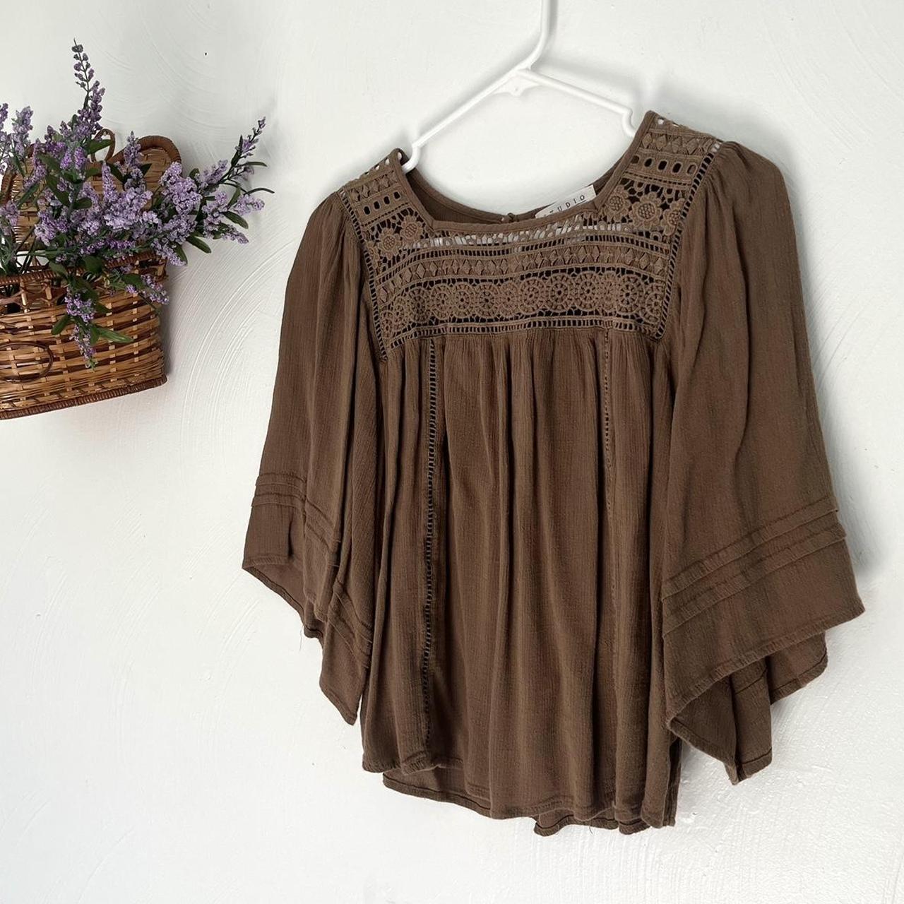 cute brown peasant top •super light n flowy, has... Depop