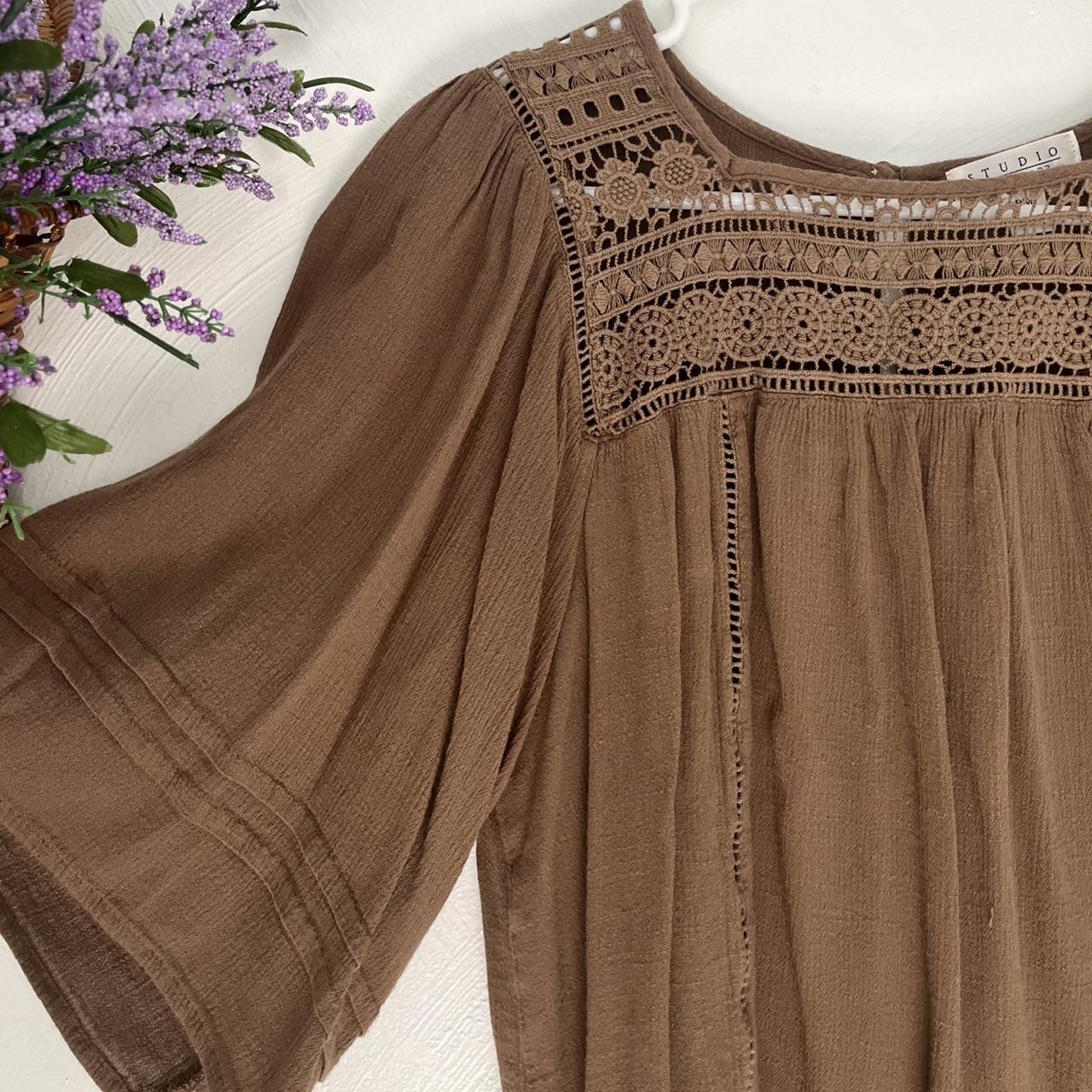 cute brown peasant top •super light n flowy, has... Depop