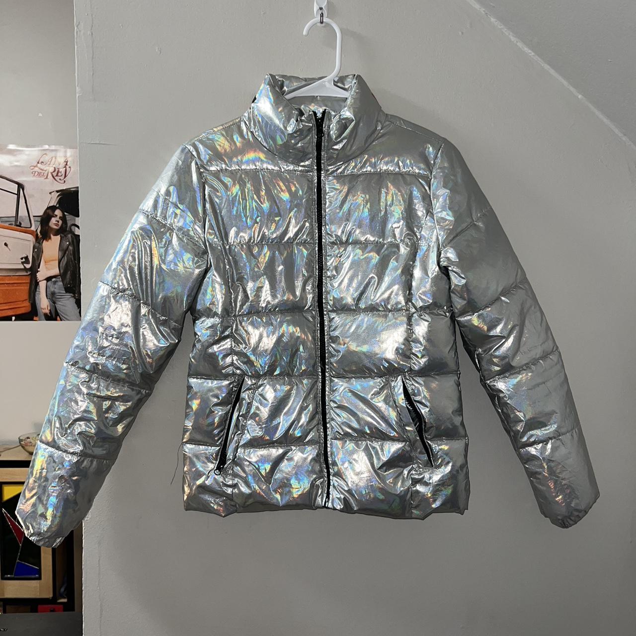 Silver metallic puffer coat - Depop