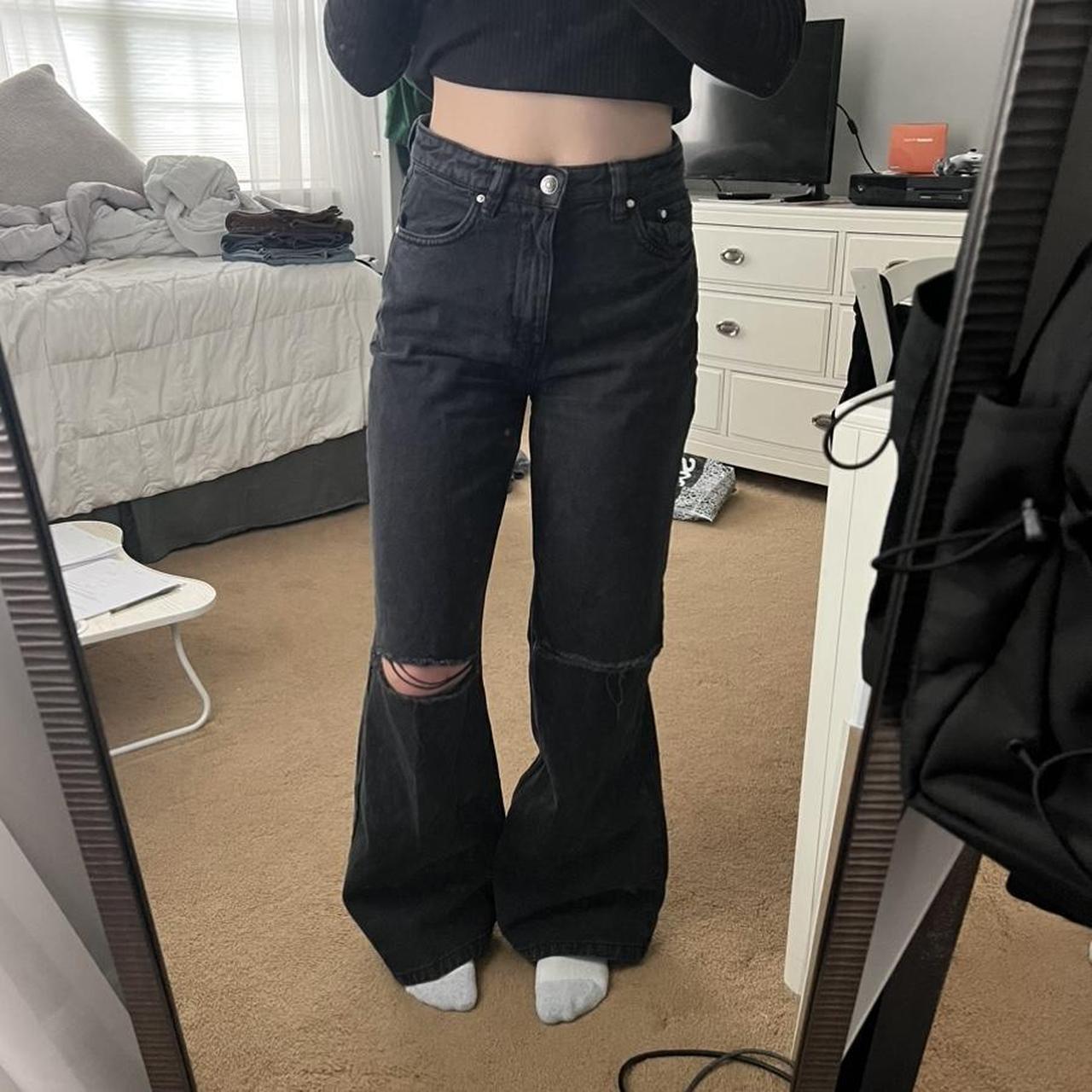 Bershka Wide-leg jeans in black Rips at both knees... - Depop