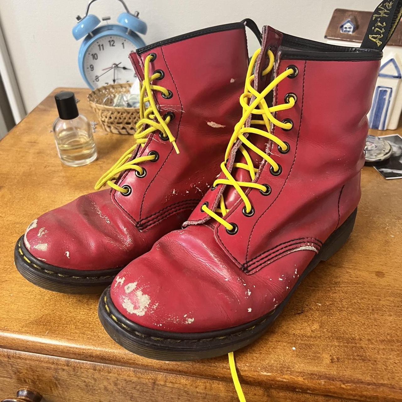 cherry red doc martens yellow laces