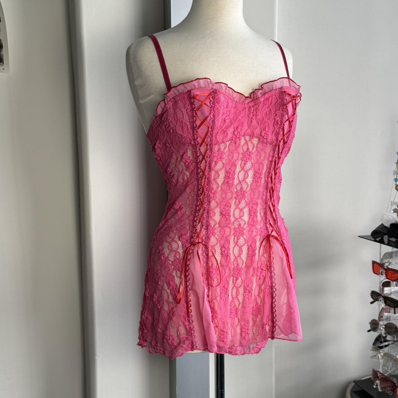 Pink lace bustier lingerie top w/ red trim Depop