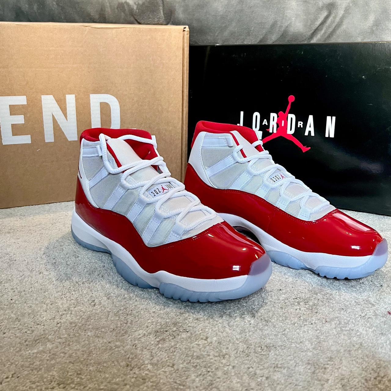 Jordan Men's White and Red Trainers | Depop