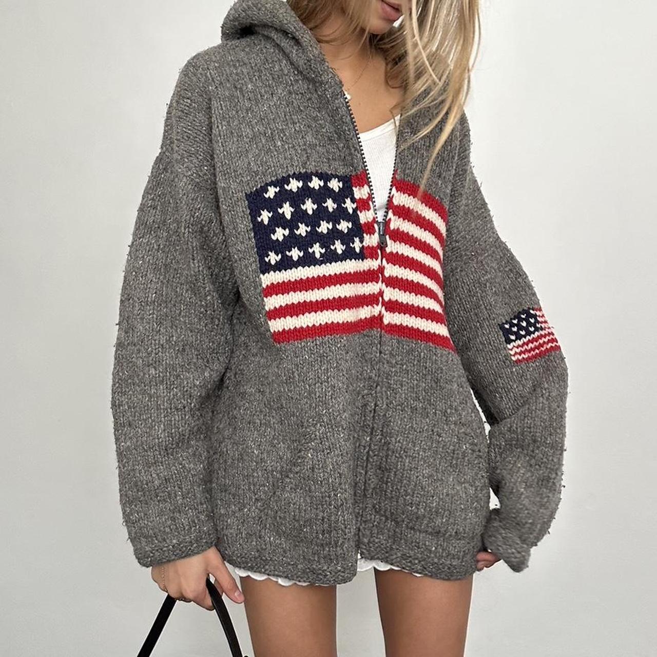 Vintage 90’s American flag grey knit zip up jacket...