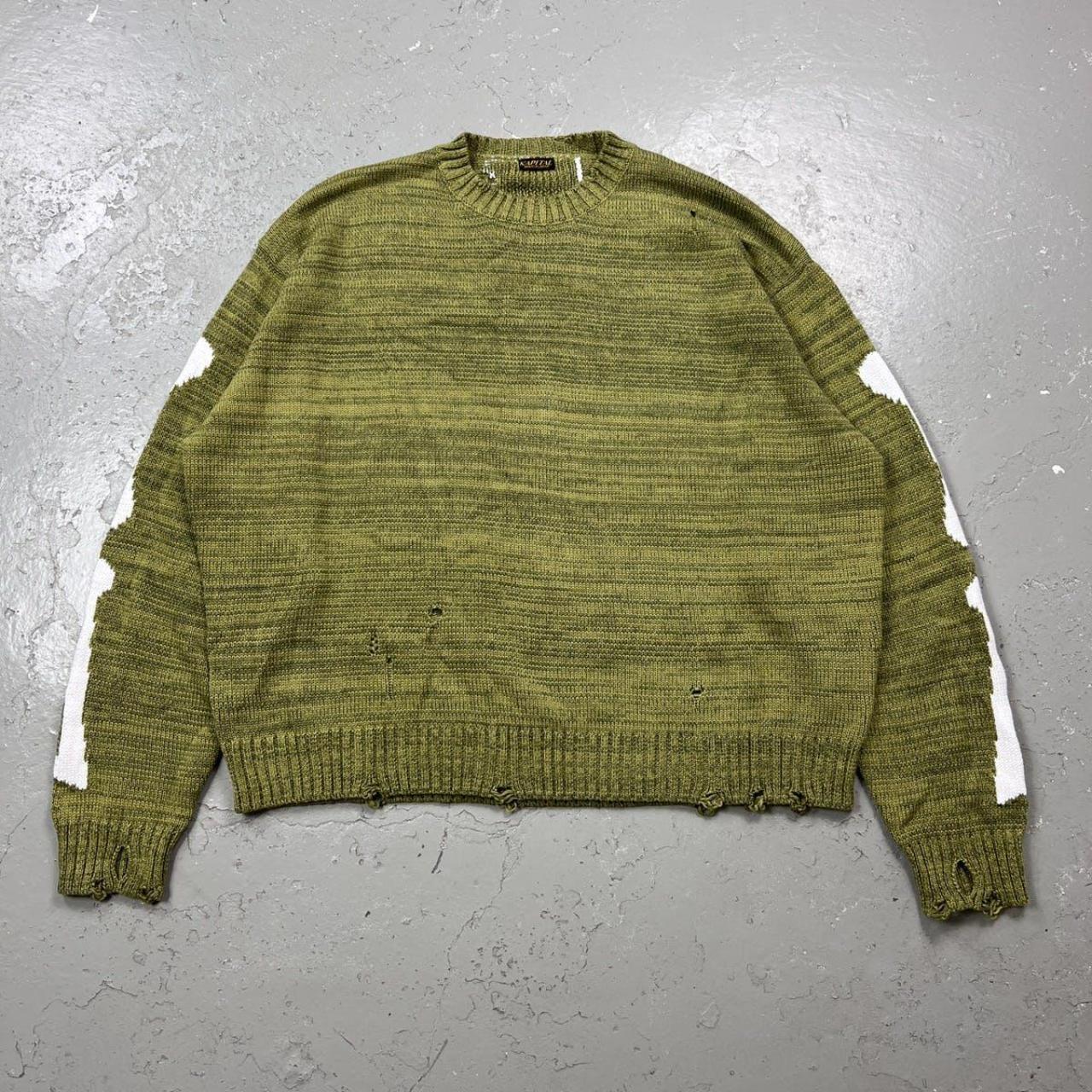 KAPITAL BONEニット オリーブグリーン Kapital Bone Crewneck Sweater Green Size 3 | Depop