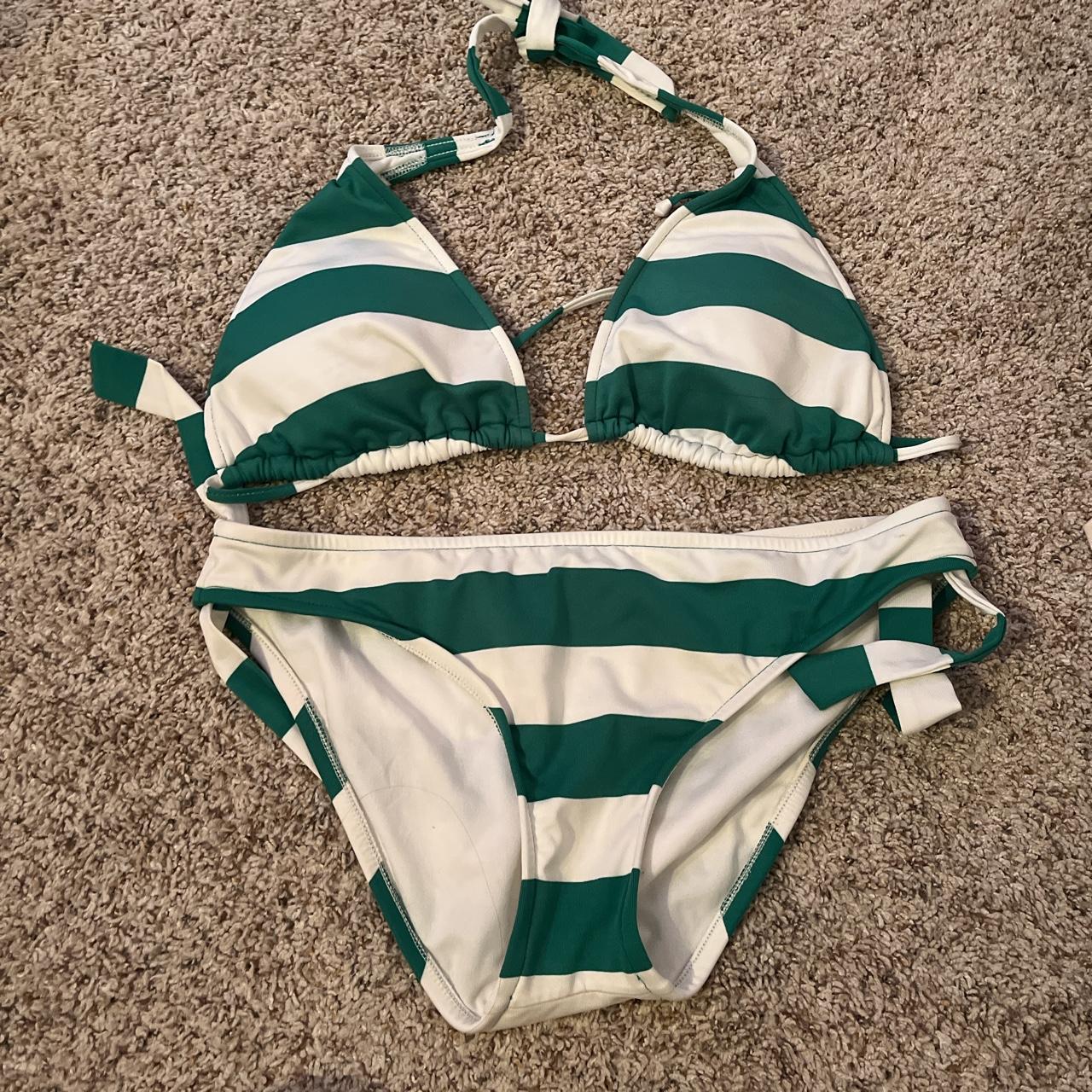 Green and cheap white striped bikini