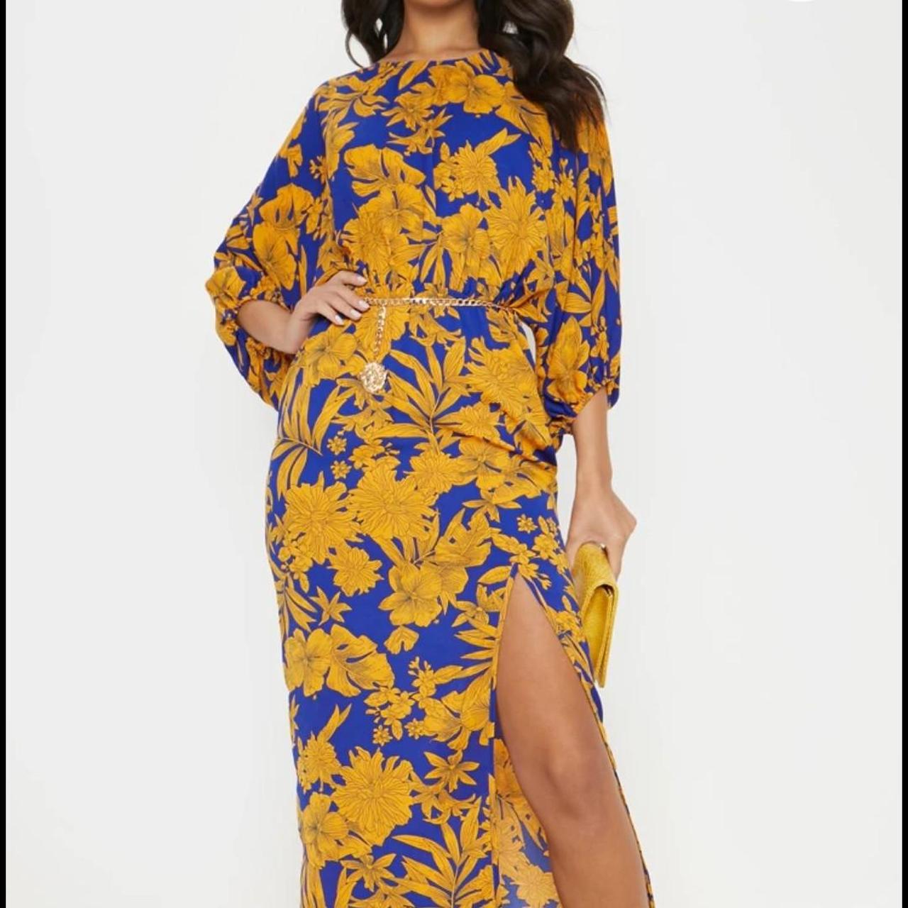 Cobalt tropical print batwing hot sale sleeve split leg maxi dress