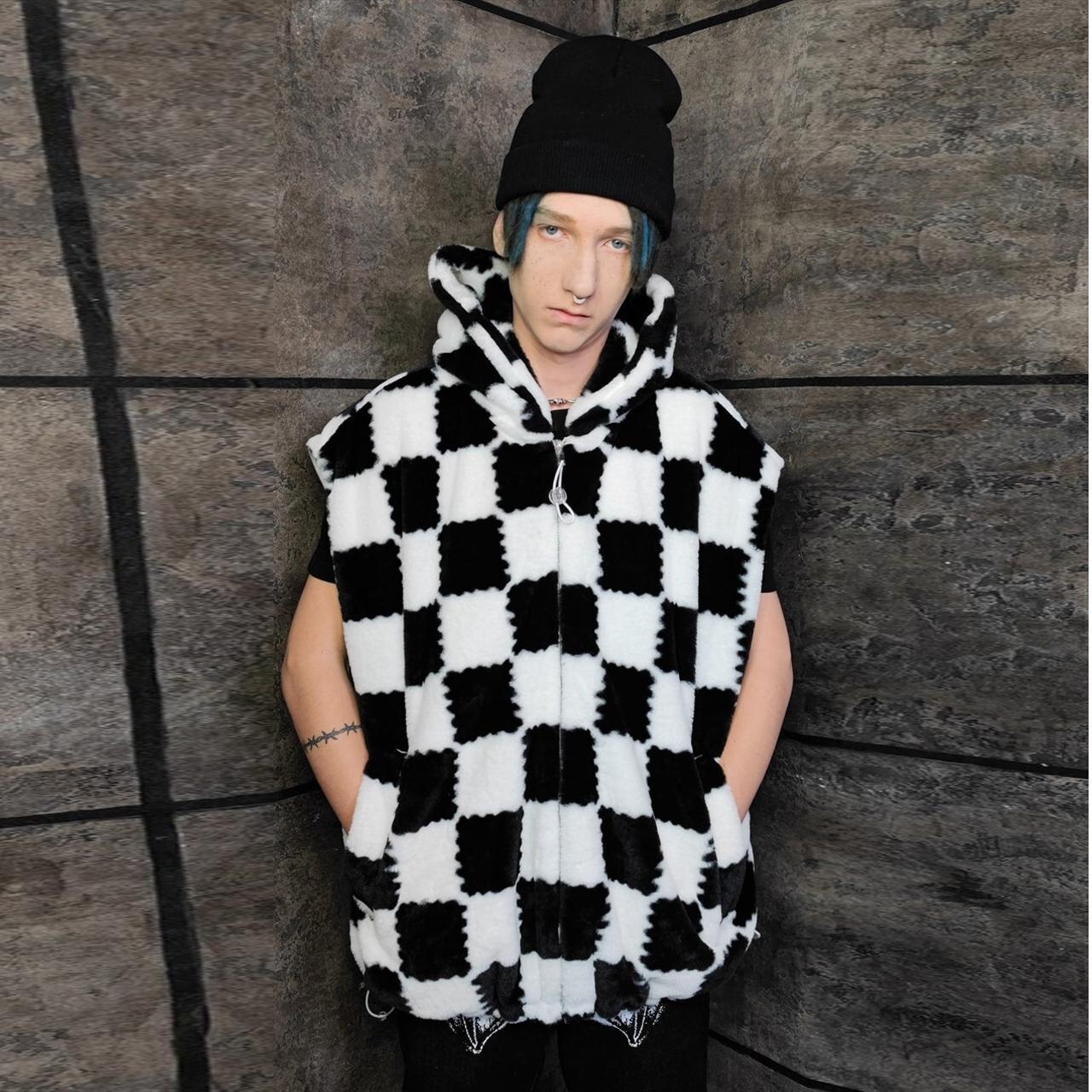 Checkerboard fleece jacket detachable check jacket. Depop