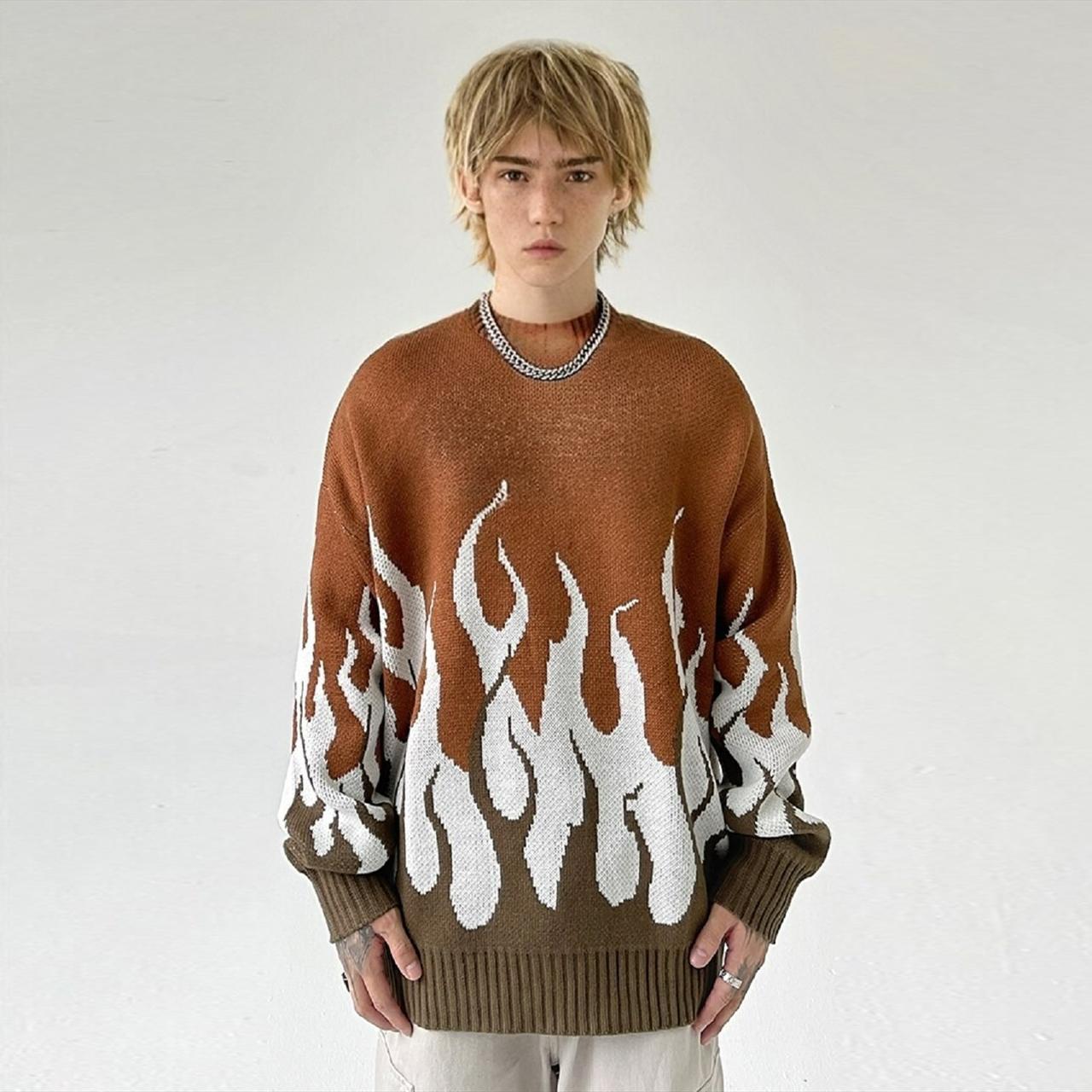 Flame print sweater Y2K fire jumper retro knit top... - Depop