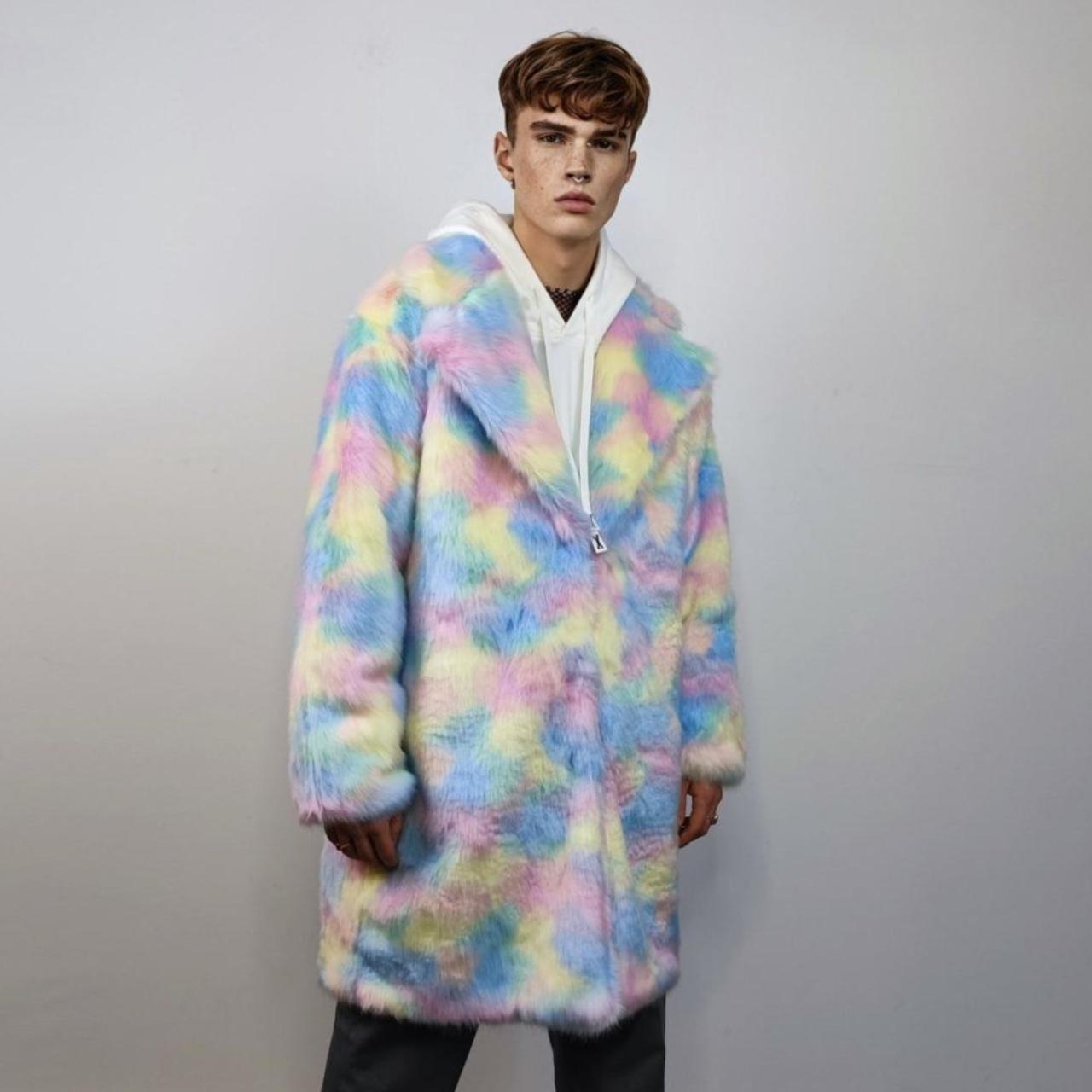 Faux fur long unicorn coat rainbow trench pastel. Depop