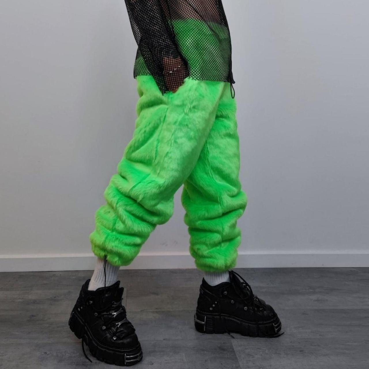 Neon faux fur joggers winter raver pants Depop