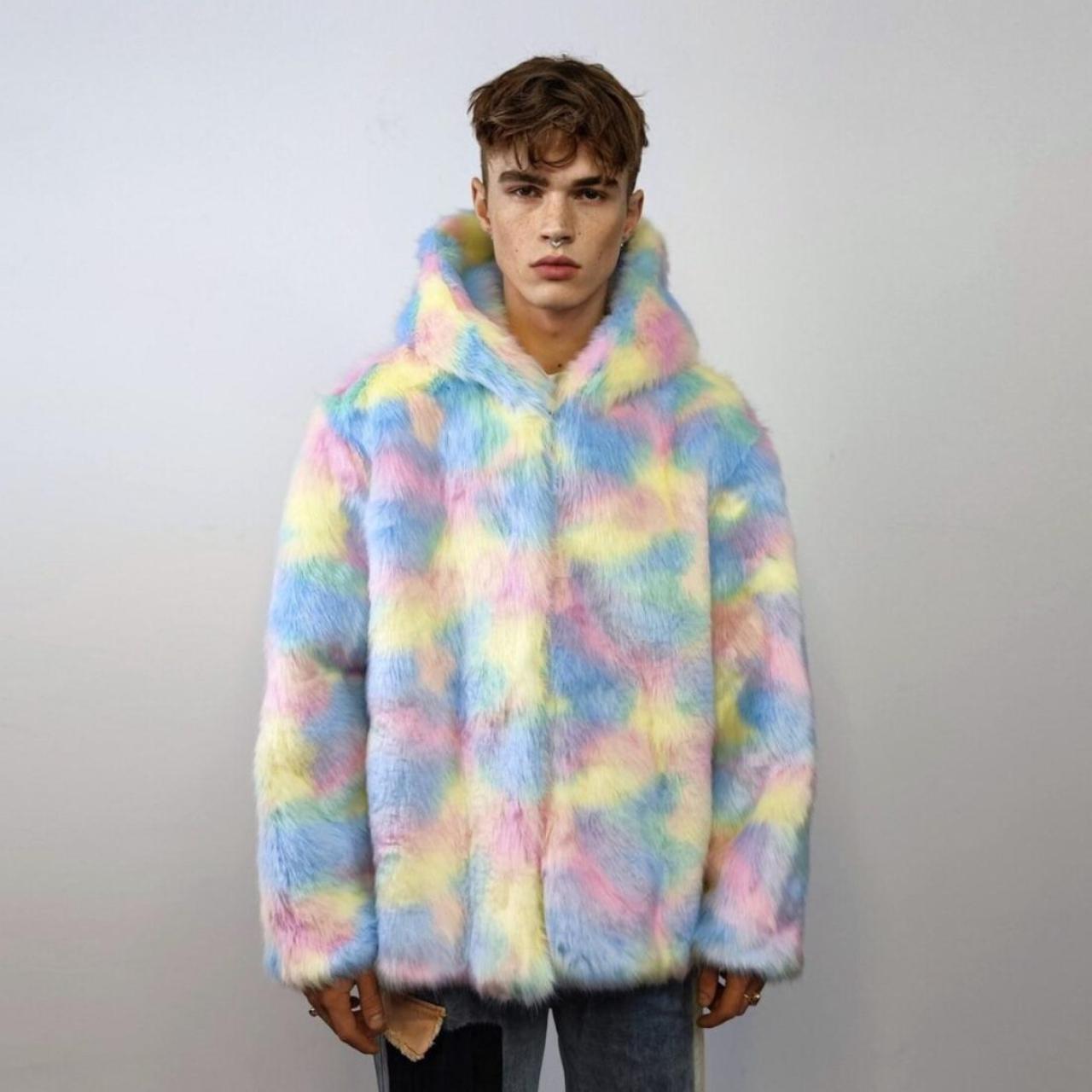 Hooded faux fur unicorn jacket rainbow bomber pastel. Depop