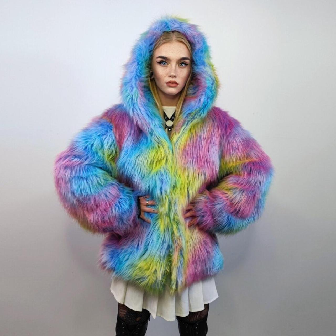 Hooded rainbow faux fur jacket unicorn bomber neon