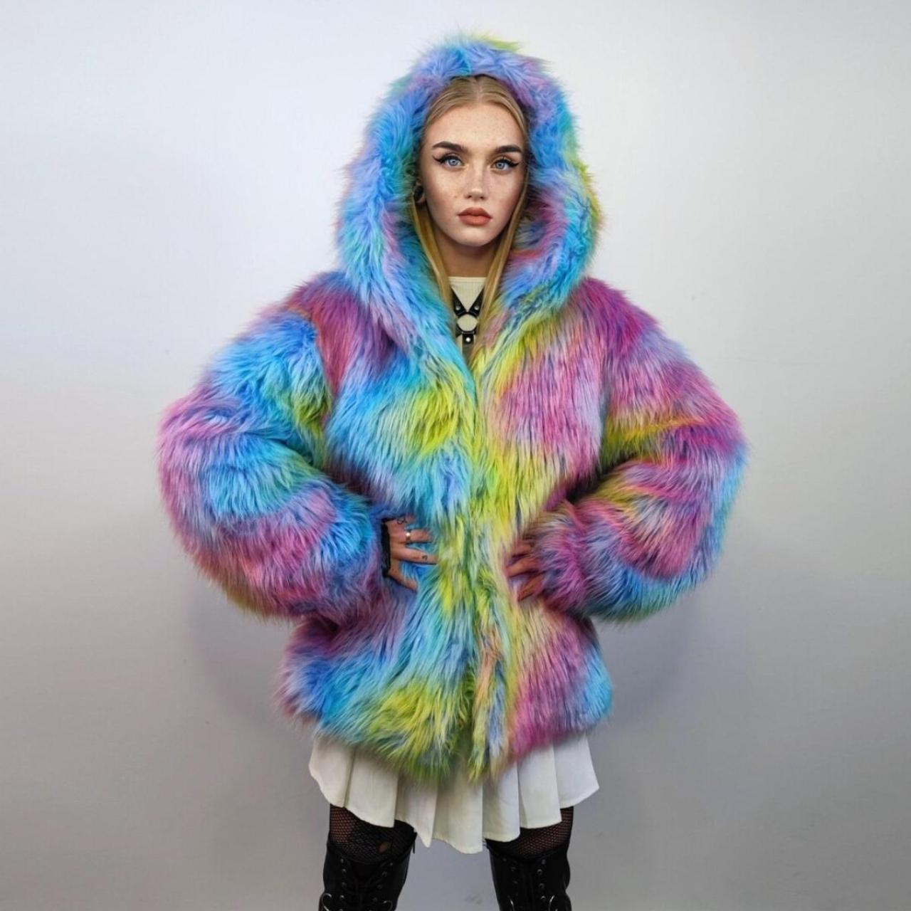 Fluffy rainbow cheap jacket