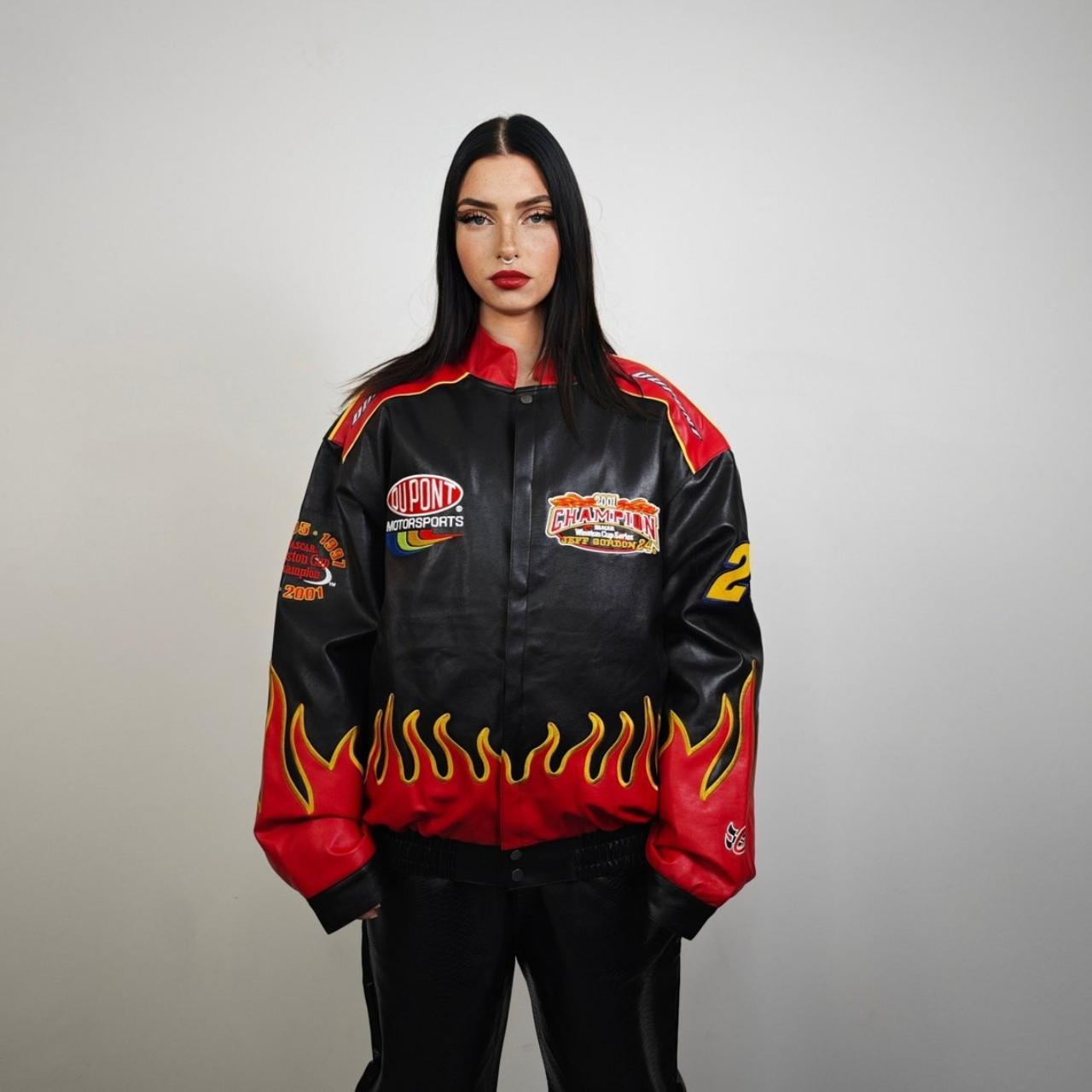 Flame patchwork racing jacket vintage faux leather | Depop