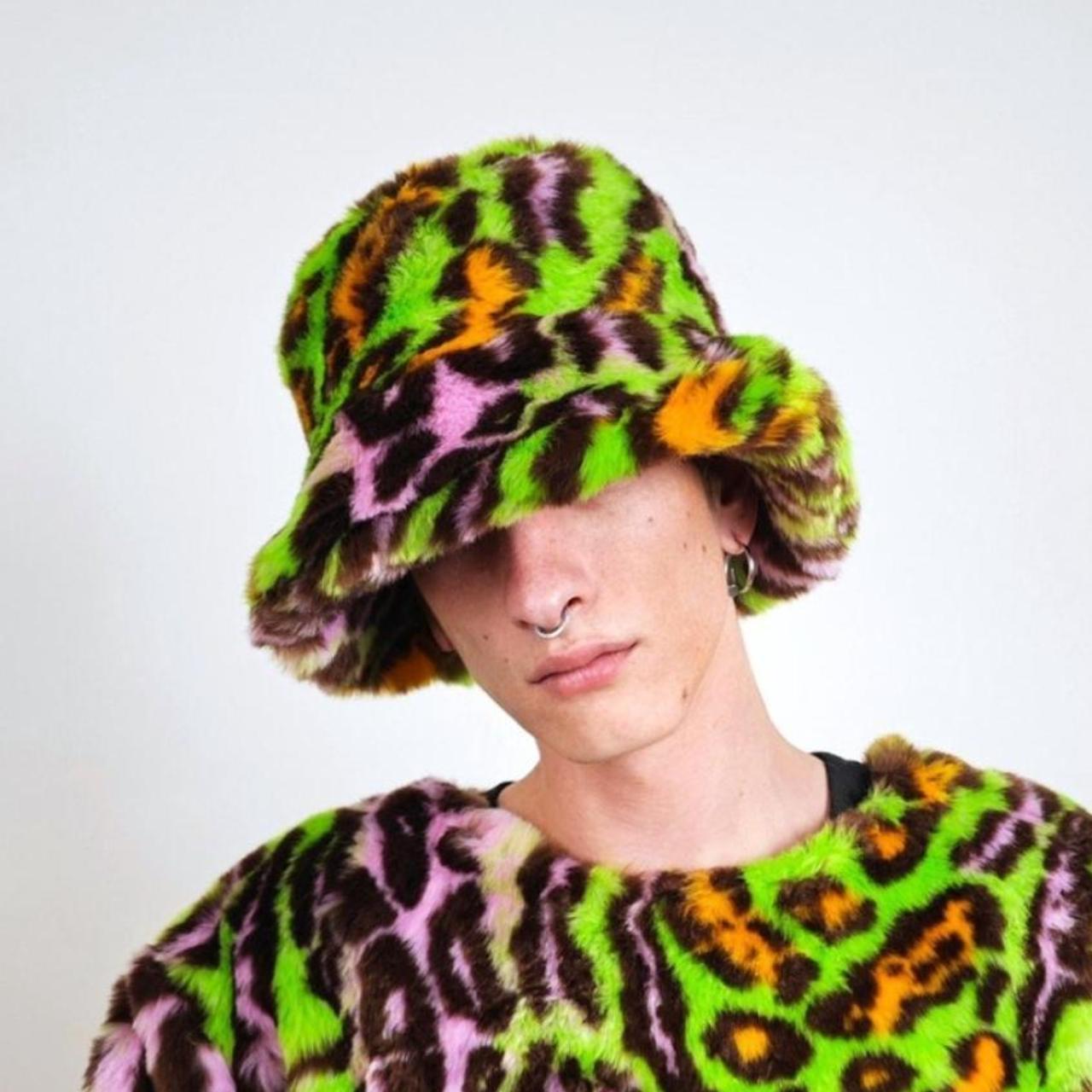 Leopard faux fur bucket green neon animal print Depop