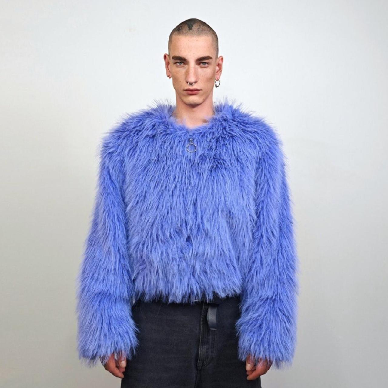 Shaggy fur coat blue hooded cropped trench festival | Depop