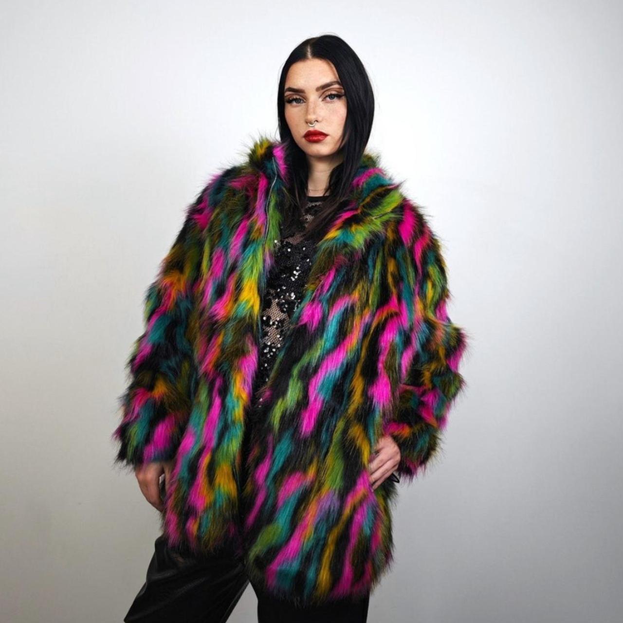 Rainbow faux fur coat parrot fuzzy jacket raised