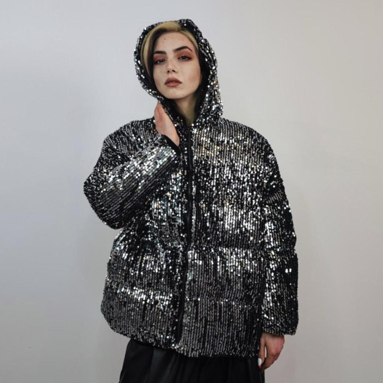 Silver sequin hooded bomber glitter jacket Depop