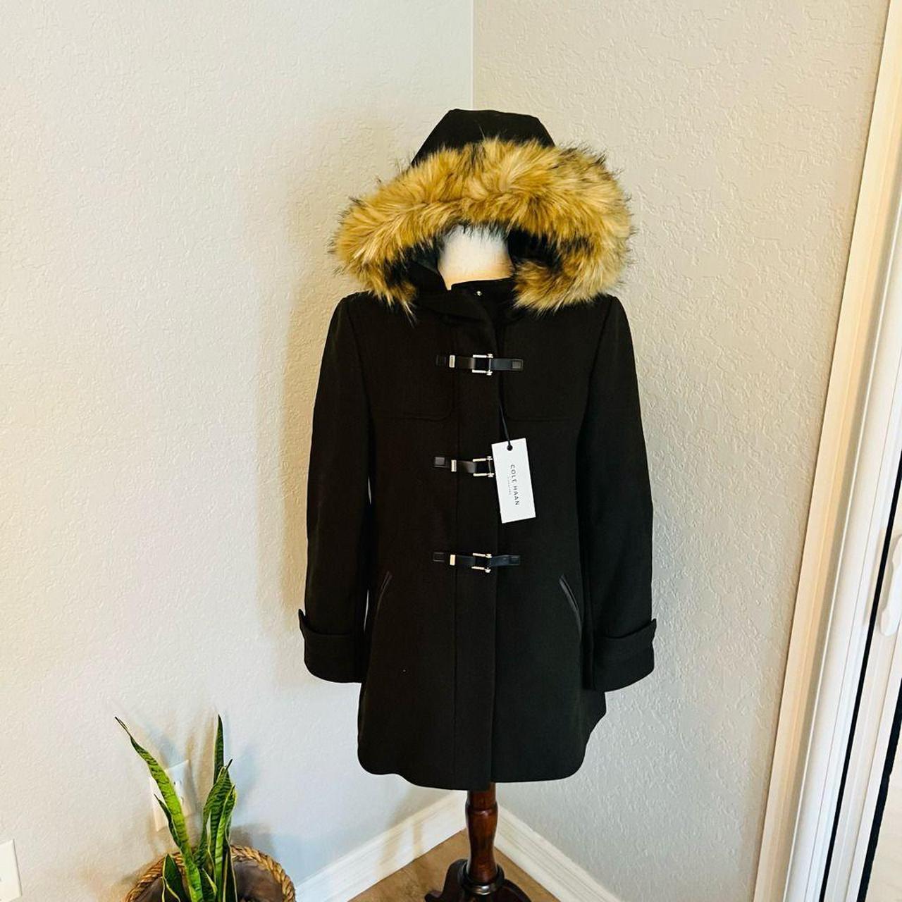 Cole haan hooded duffle coat with faux fur trim hotsell