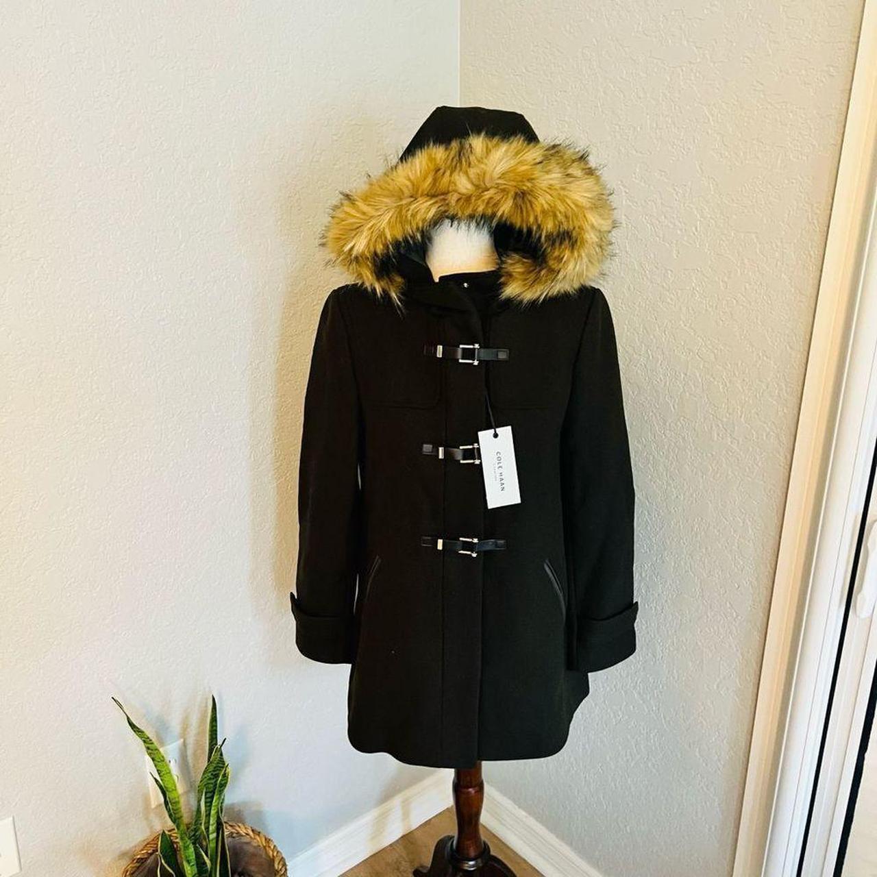 Cole Haan Wool Blend Faux Fur Trim Hooded Coat Depop