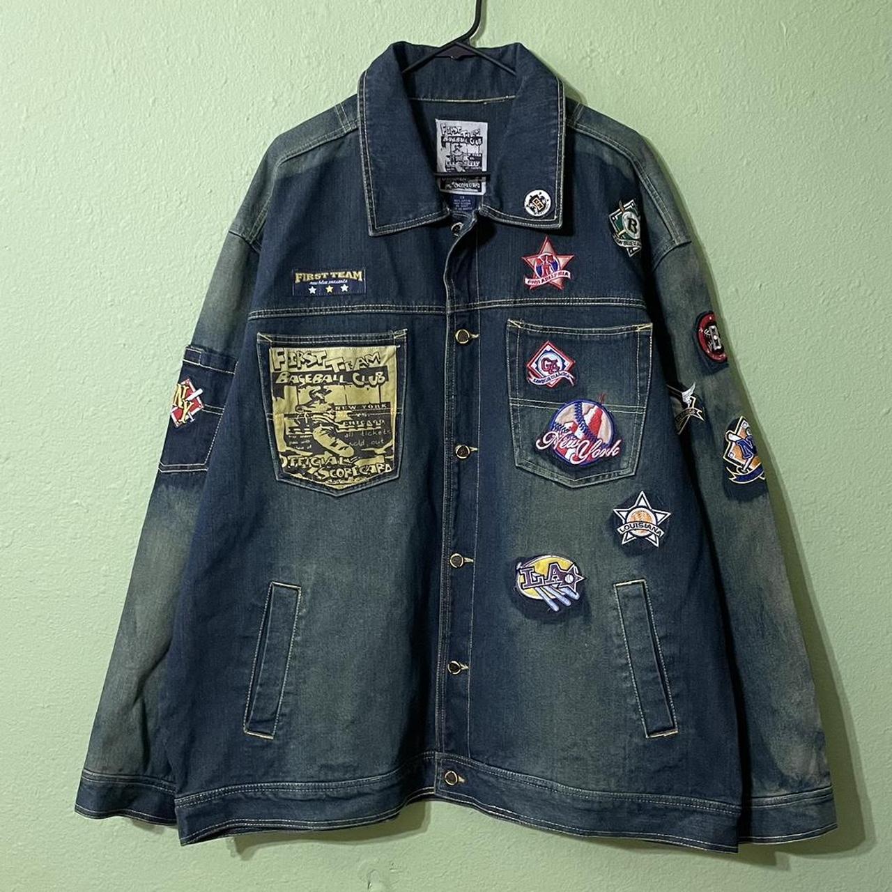 Vintage Raw Blue denim jacket, First Team Baseball... - Depop