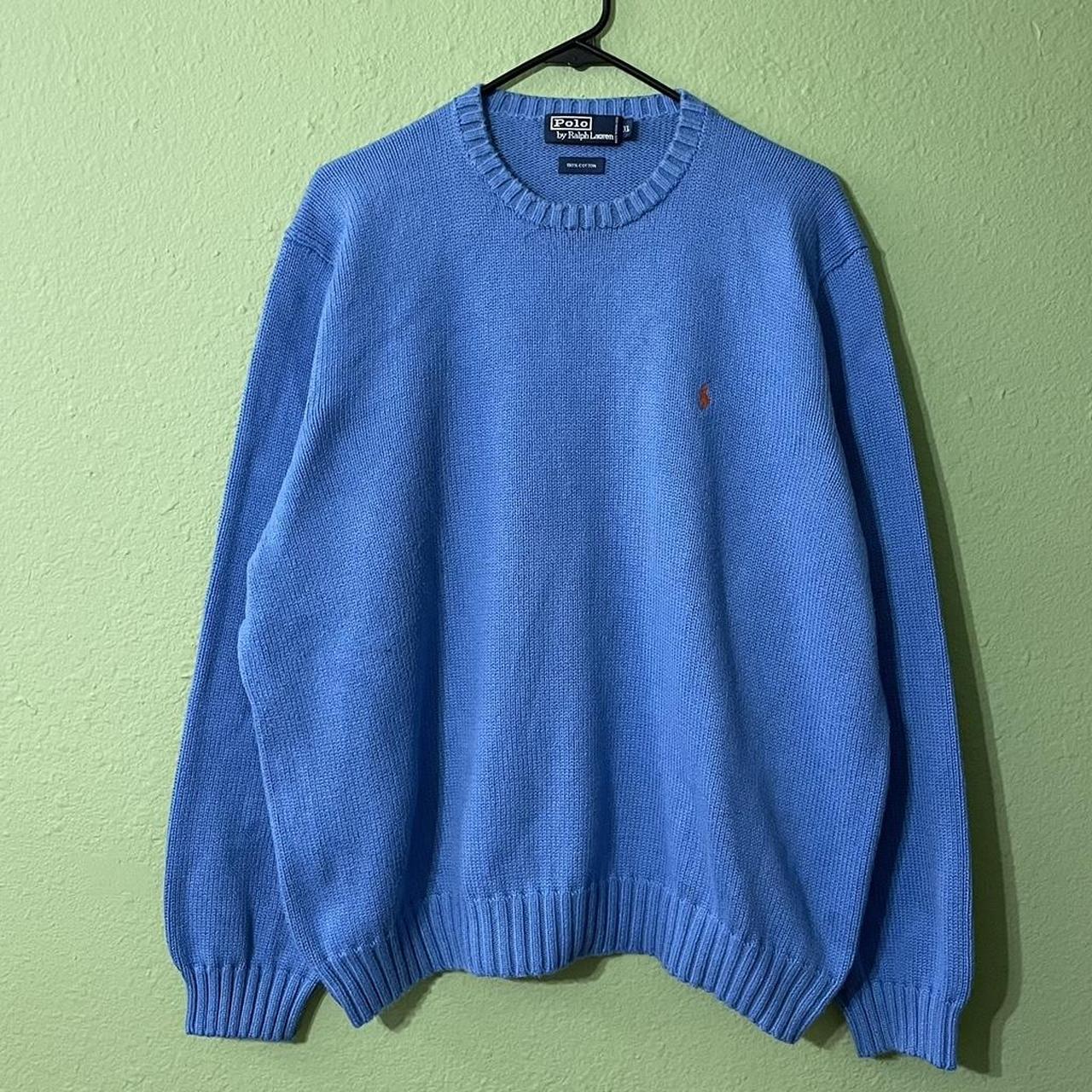 Vintage blue Polo knit sweater with orange small... - Depop