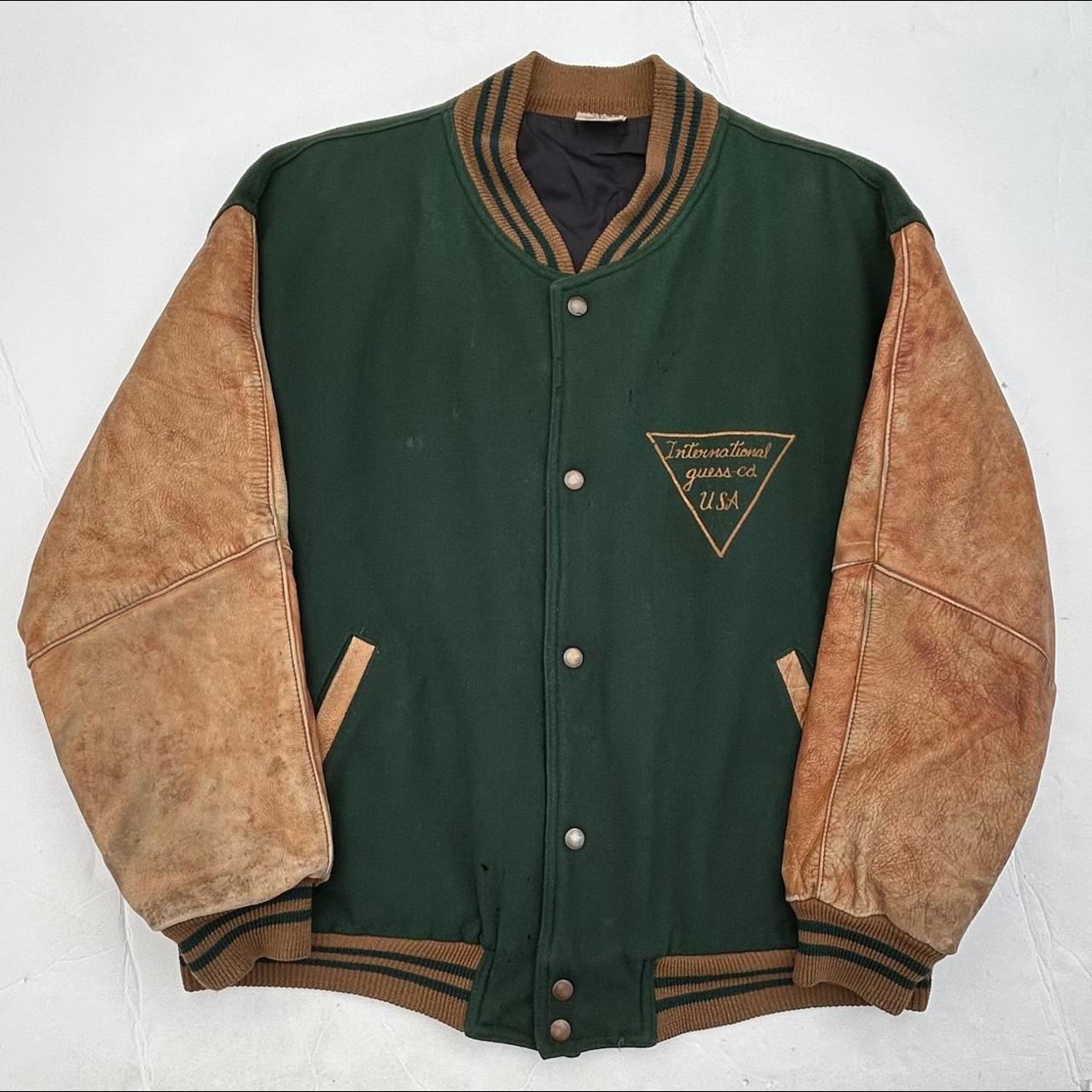 Vintage 80's Guess Wool Leather Varsity Bomber... - Depop