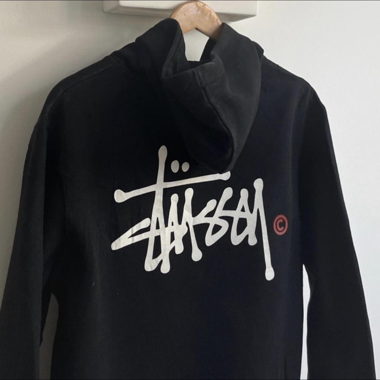 stussy back logo hoodie vintage look black - Depop