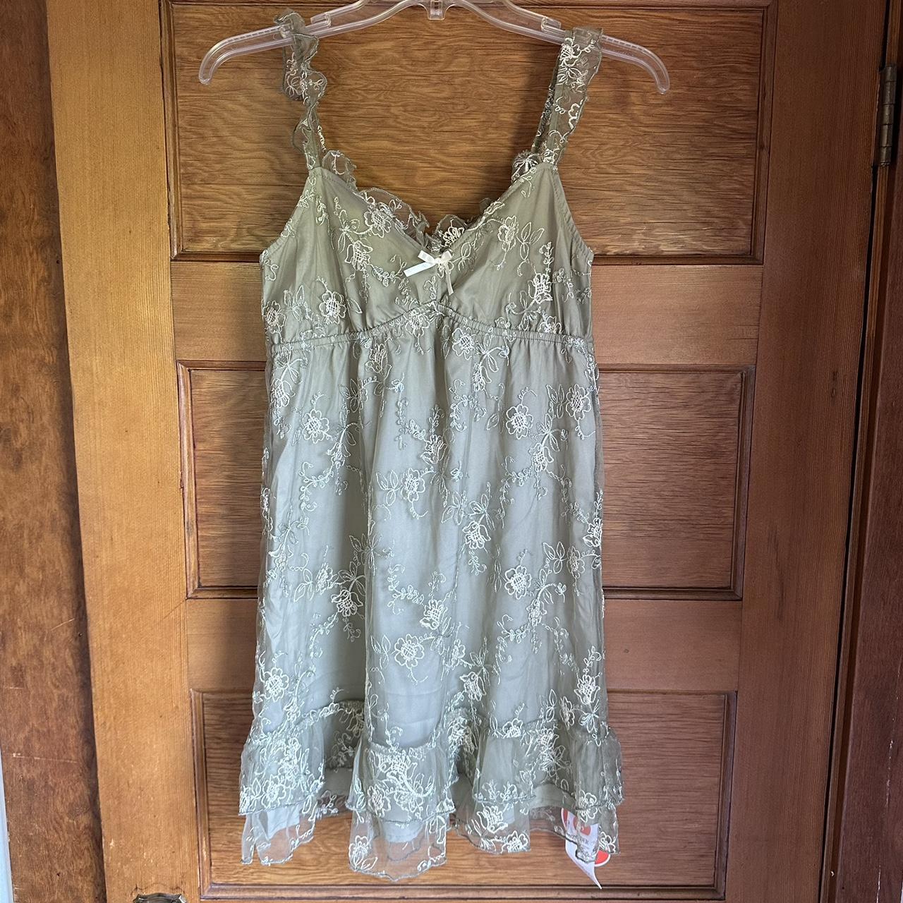 cider mossy green floral embroidered babydoll mini... Depop