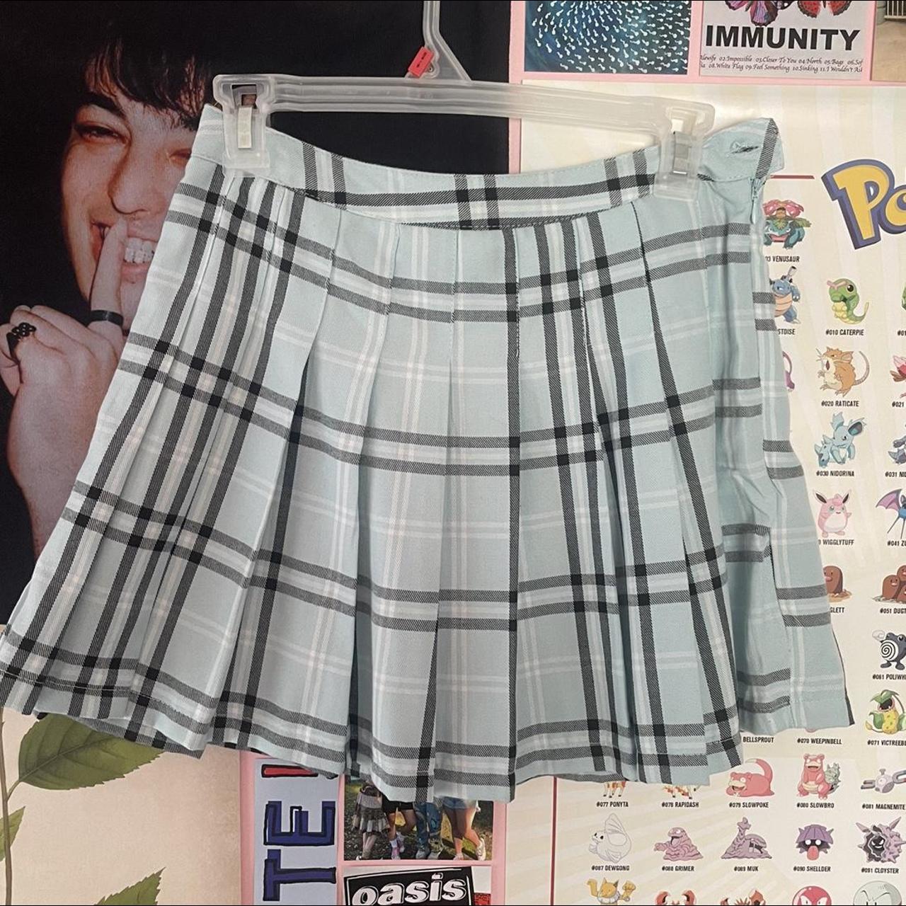 Light blue clearance plaid mini skirt