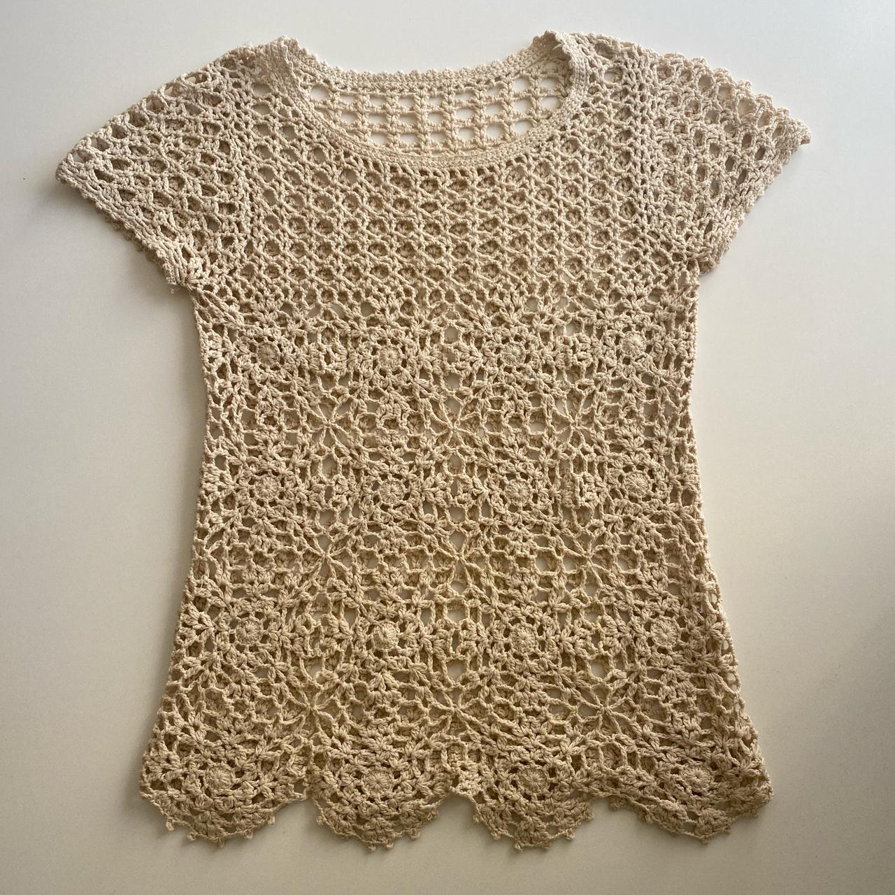 beige crochet top vintage net crochet knitted t... Depop