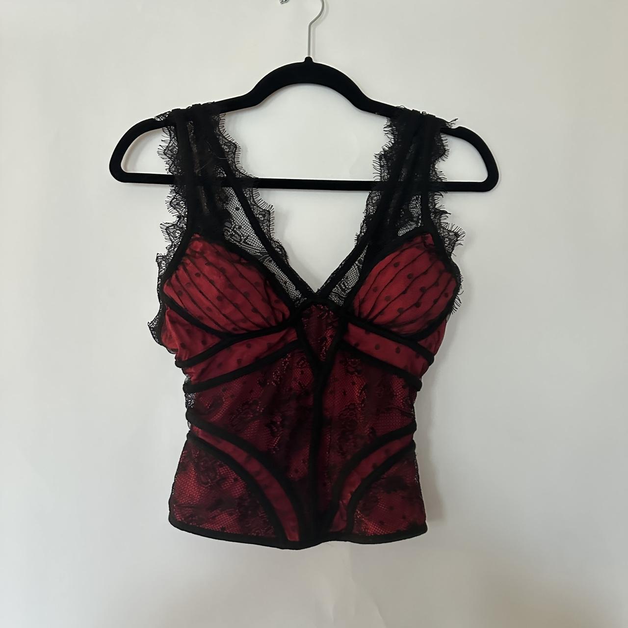 Red and black corset style top with the cutest lace... - Depop