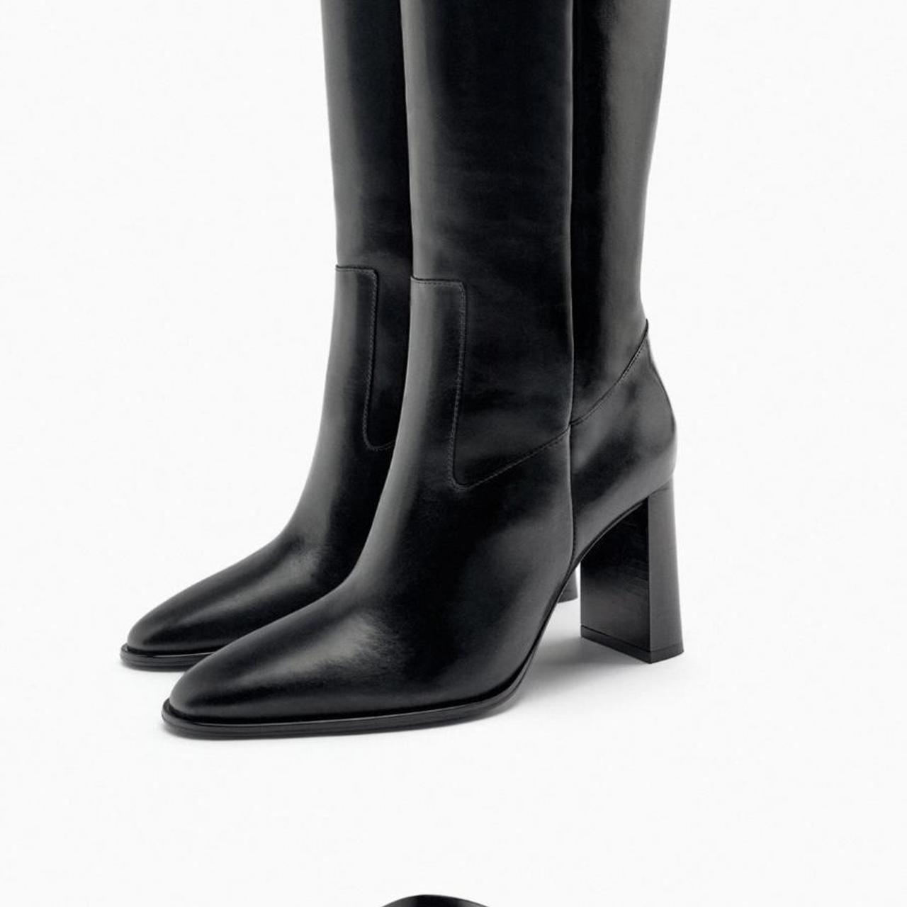 Block Heel Zara Long Black Boots ZARA BLACK LEATHER OVER THE KNEE