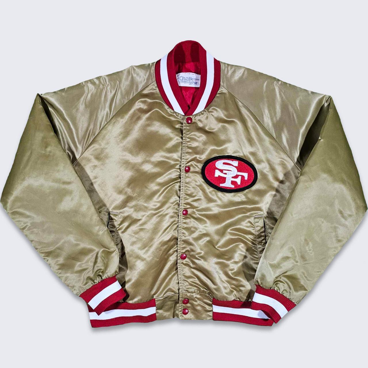 San Francisco 49ers Vintage 80's Spell Out Chalk Line Satin Gold Bombe –  thefuzzyfelt