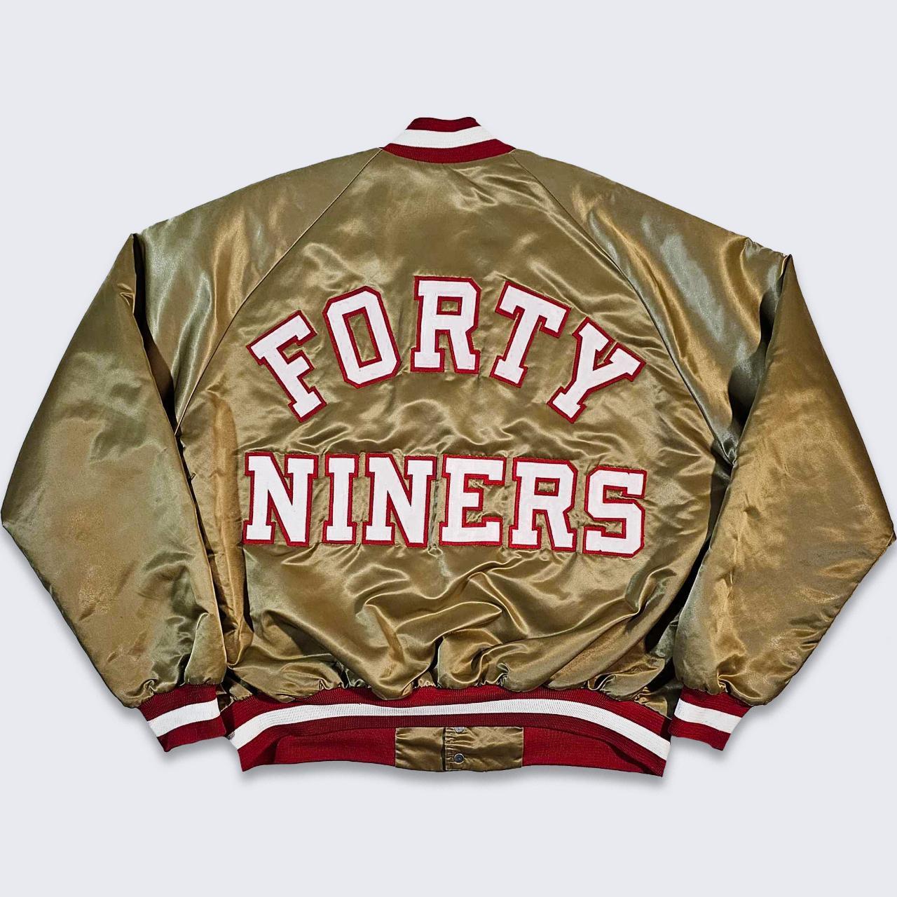 Buy the Vintage San Francisco 49ers Gold Satin Jacket XL Bomber Chalk Line