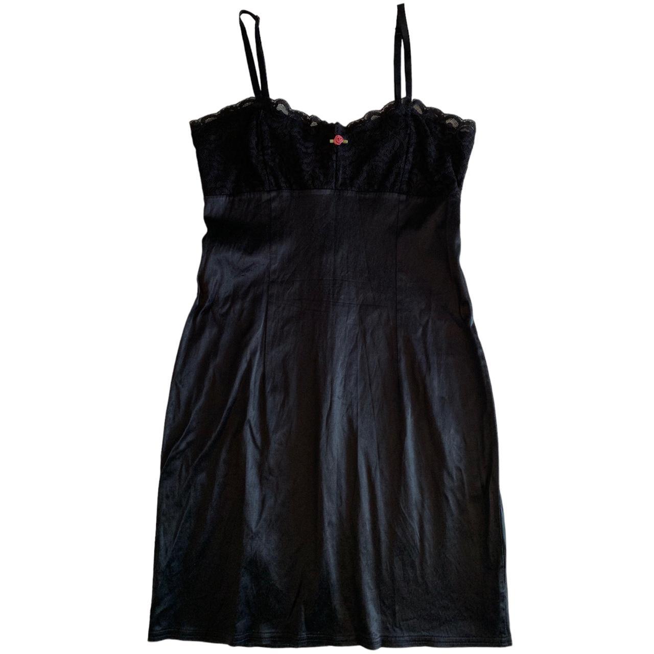Vintage black satin look lace bodycon mini dress... - Depop