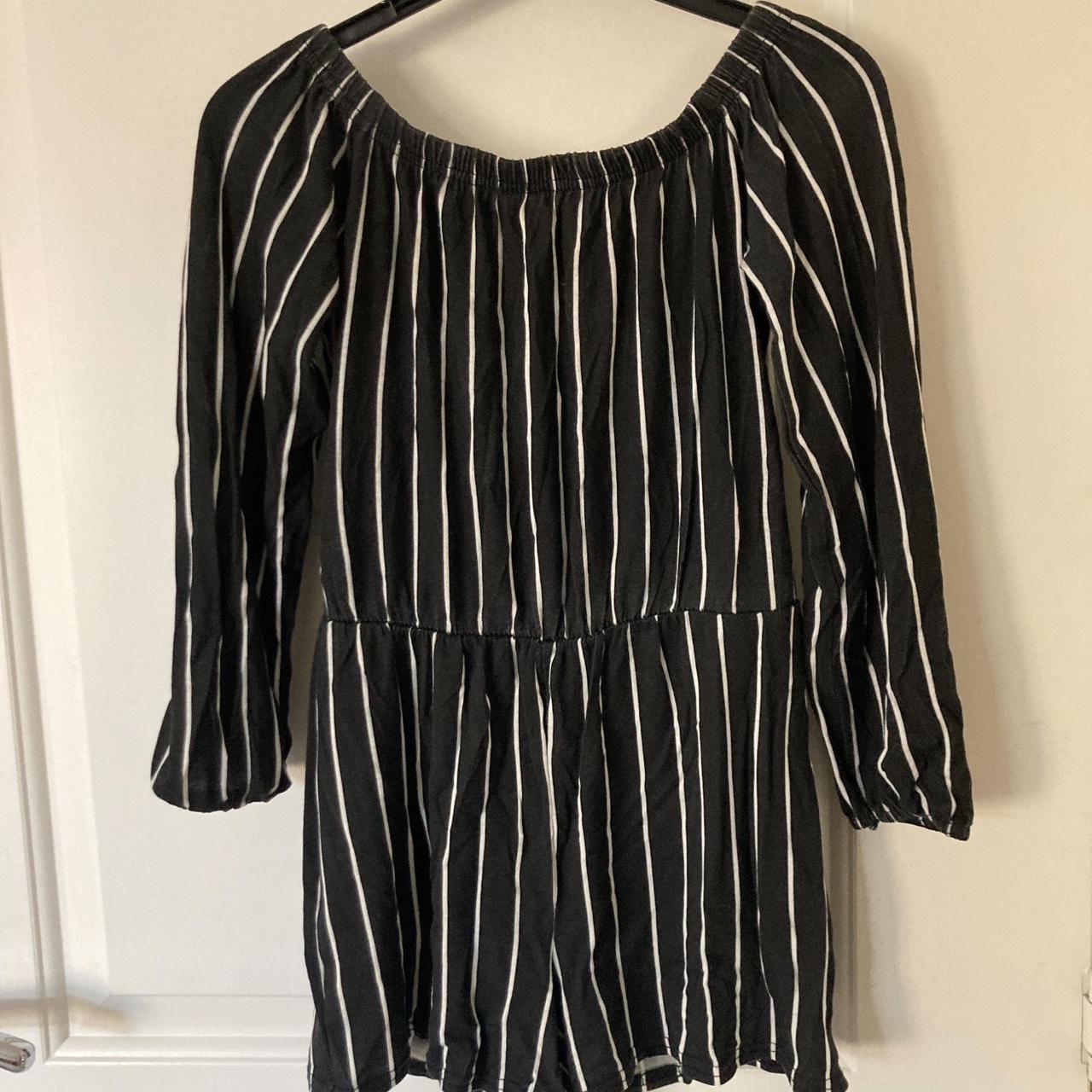 Black and white striped off-the-shoulder playsuit -... - Depop