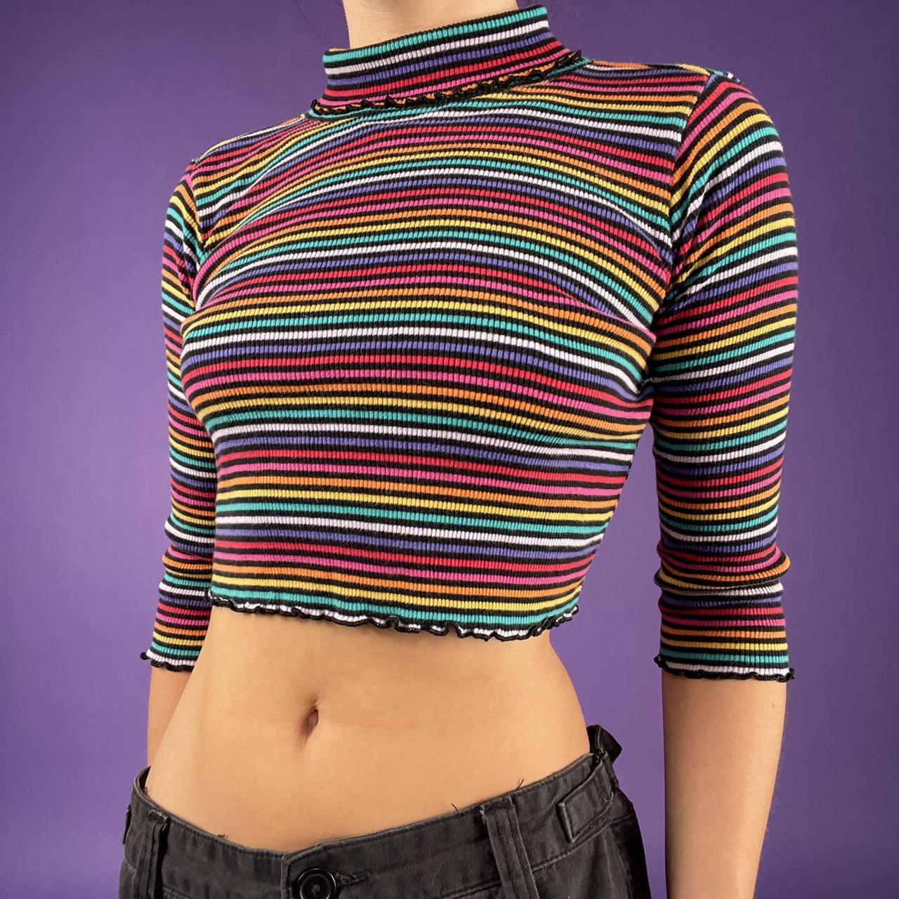 Kawaii Cropped Turtleneck Shirt Crop Top Rainbow Striped