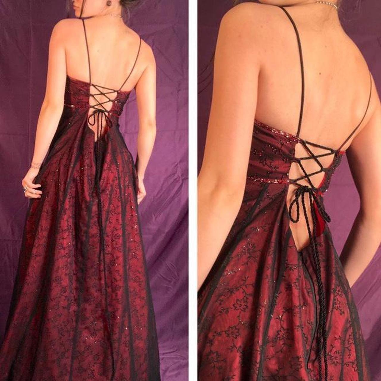 dark red prom dress black and red beaded mesh... - Depop