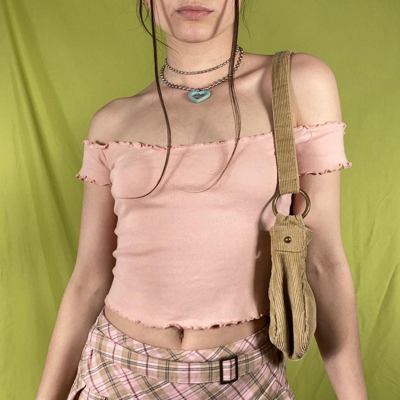 Pastel pink lettuce edge off the shoulder top. Depop