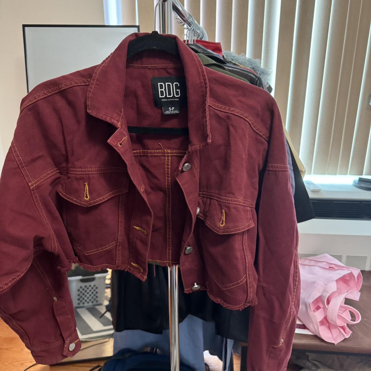 Burgundy cropped denim jacket best sale