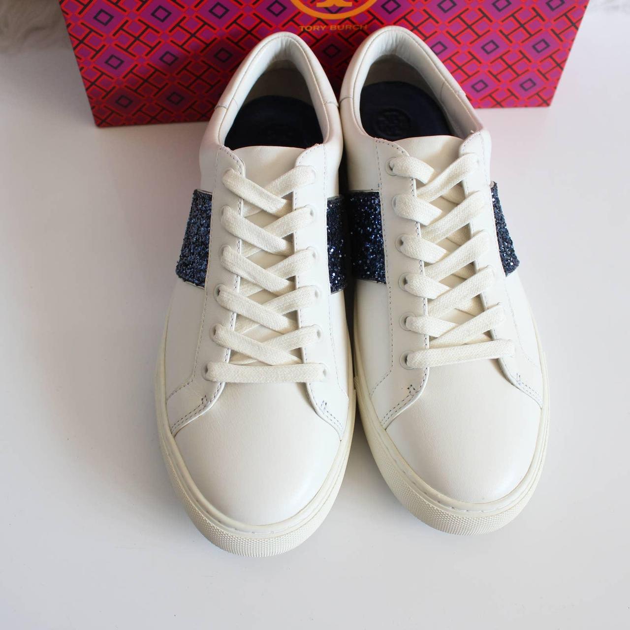 New Tory Burch Carter buy White & Blue Glitter Lace Up Sneaker sz 10.5