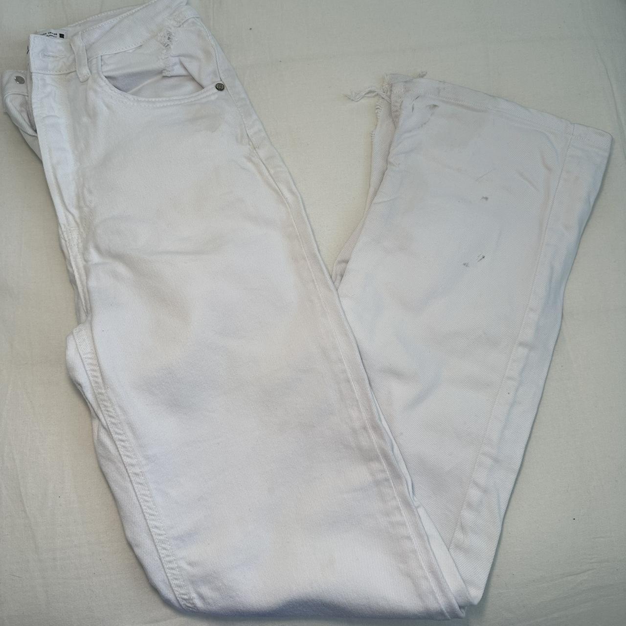 zara white denim straight leg jeans with slit... - Depop